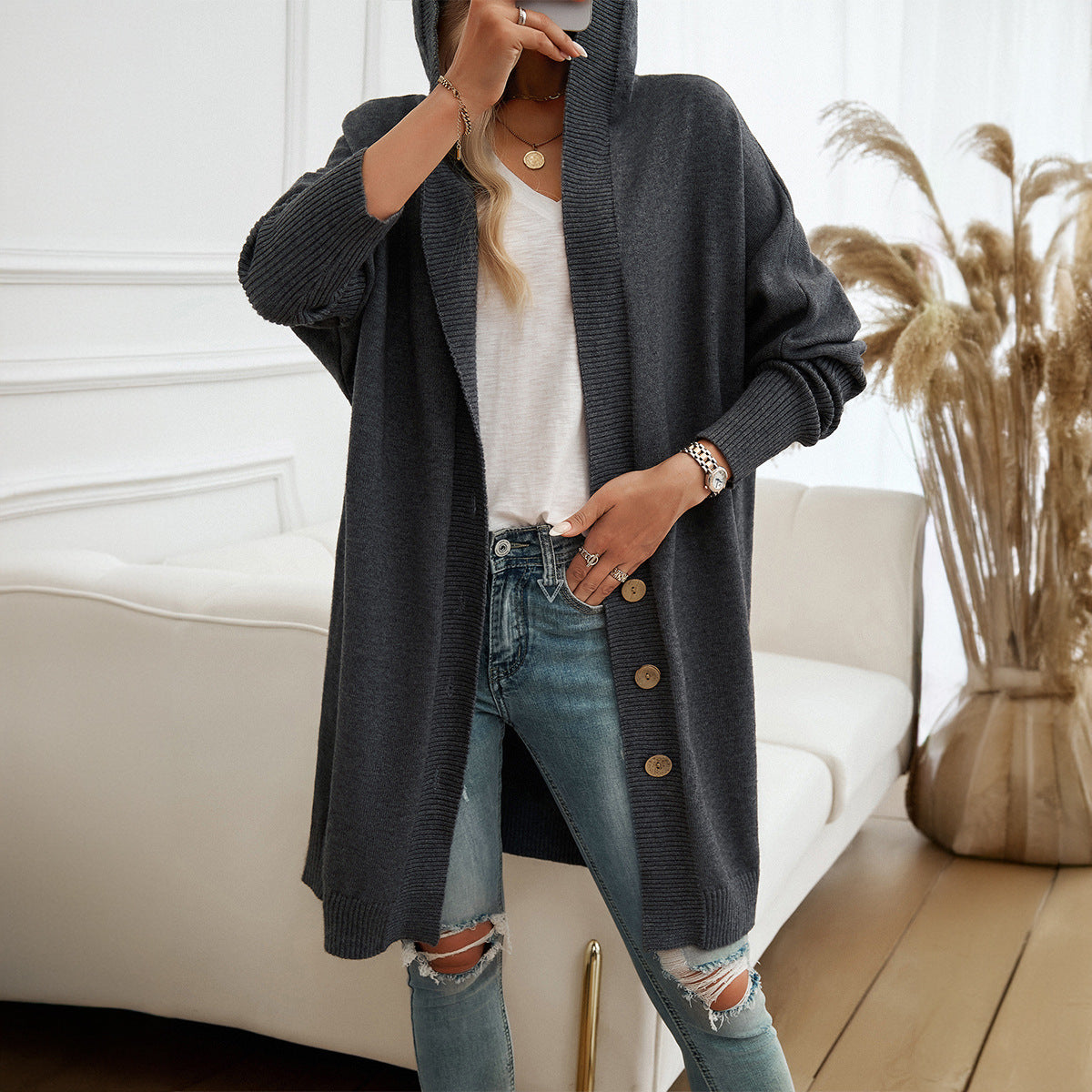 Dark Grey hooded cardigan - Lana Fiorelli