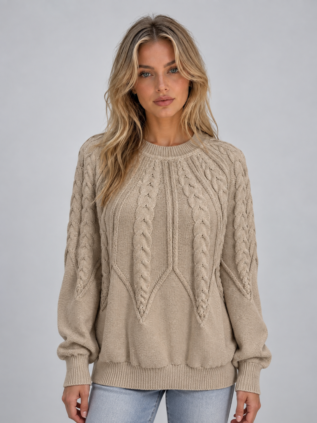 Khaki crew neck cable jumper - Lana Fiorelli
