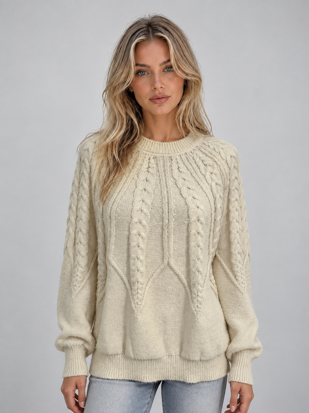 Cream crew neck cable jumper - Lana Fiorelli