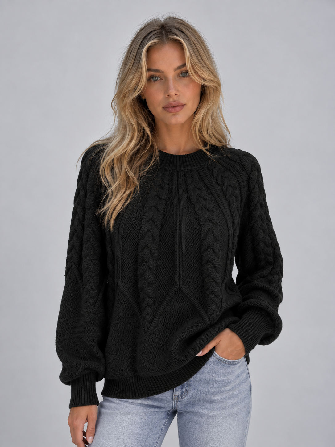 Black crew neck cable jumper - Lana Fiorelli