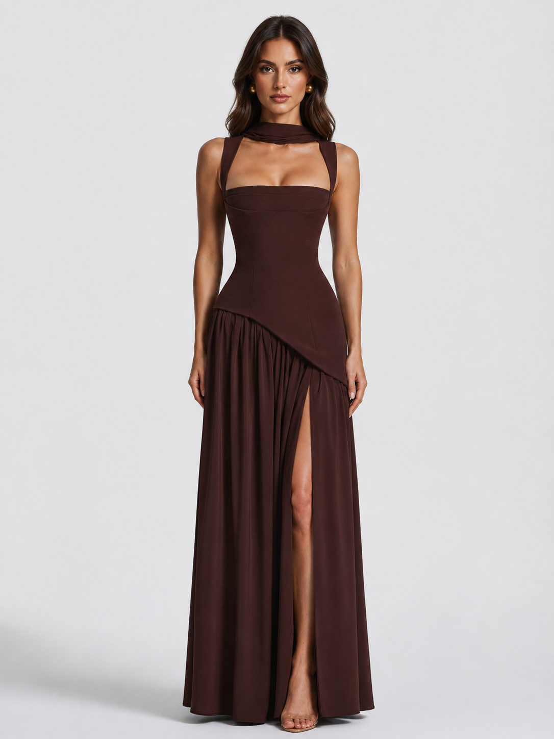 Brown Draped Maxi Dress - Lana Fiorelli