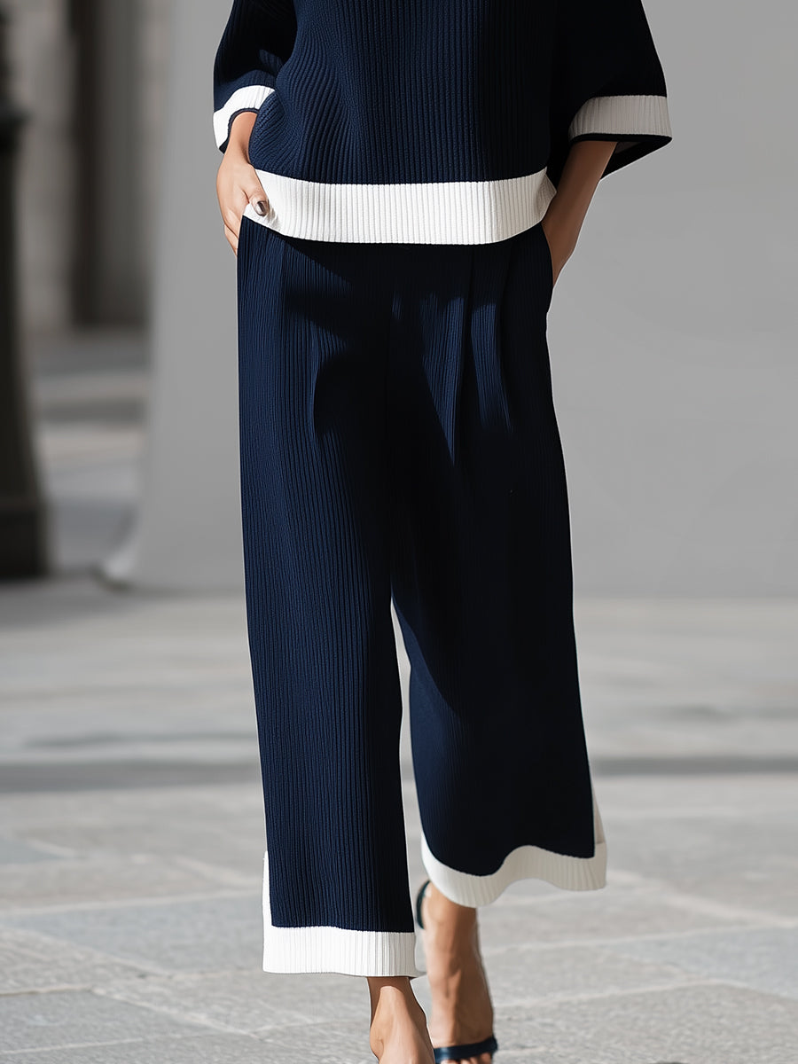 Navy ribbed knit polo and trouser set - Lana Fiorelli
