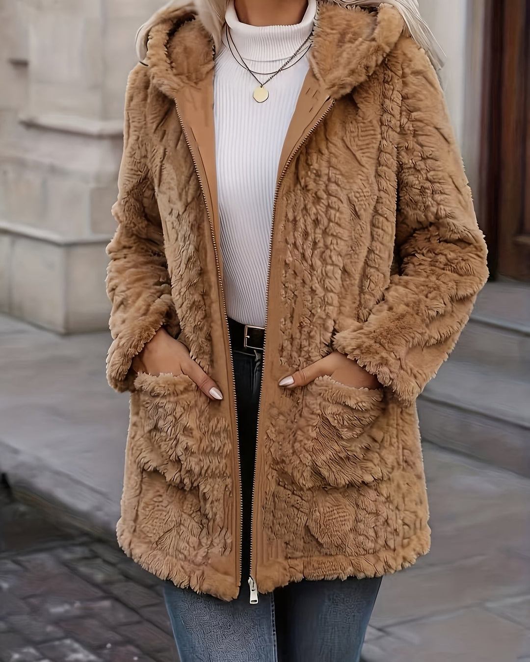 Beatrice - Cardigan Donna in Pile con Cappuccio e Zip - Marrone Scuro - foto 3
