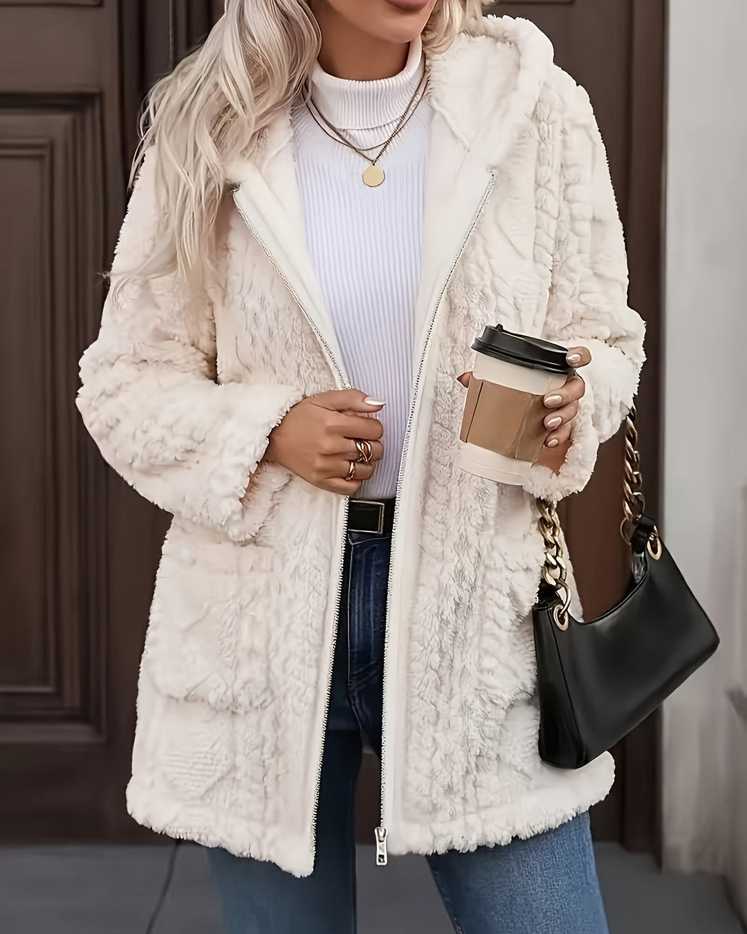 Beatrice - Cardigan Donna in Pile con Cappuccio e Zip - Marrone Scuro - foto 5