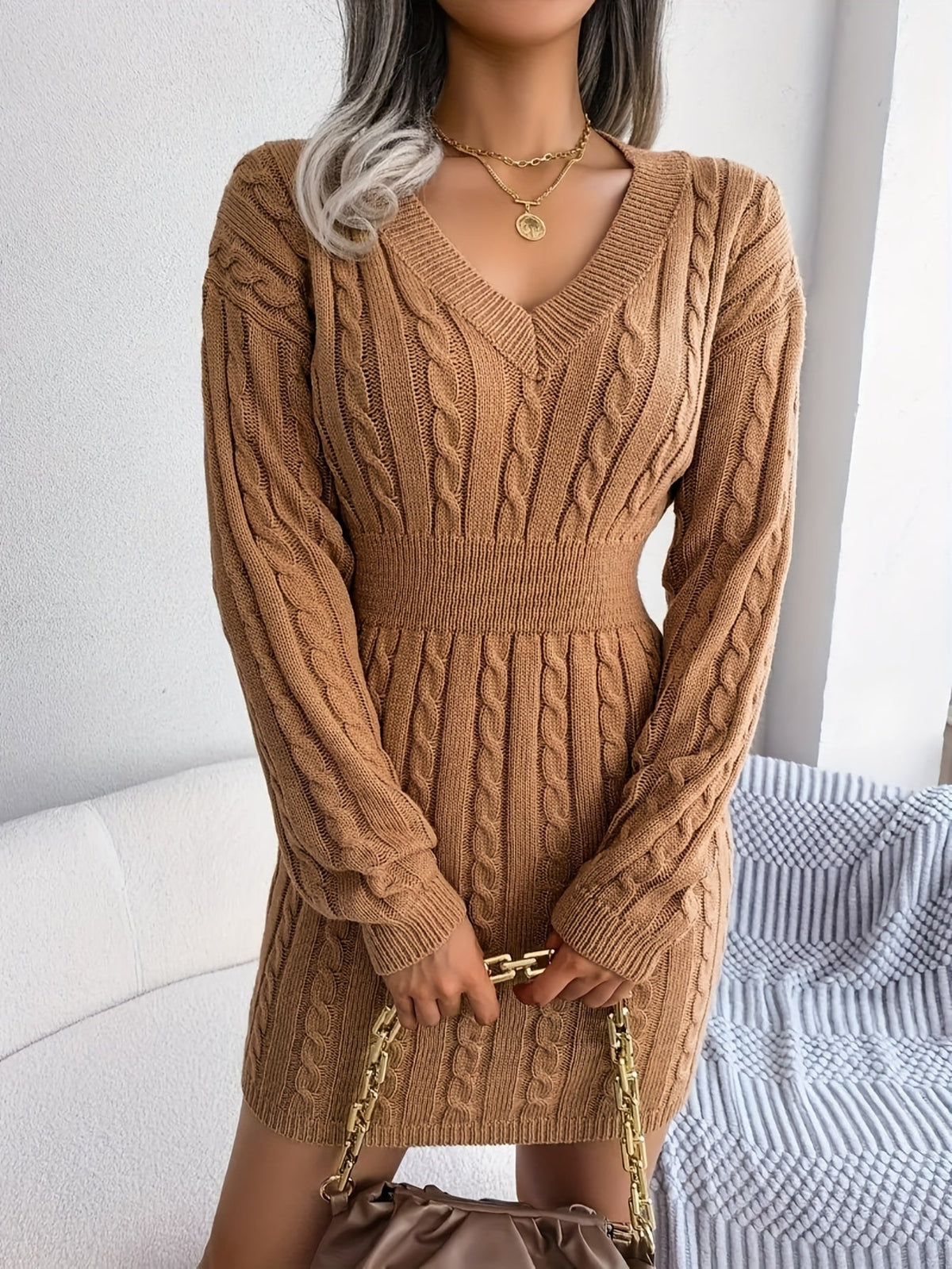 Light Grey peplum cable knit dress - Lana Fiorelli