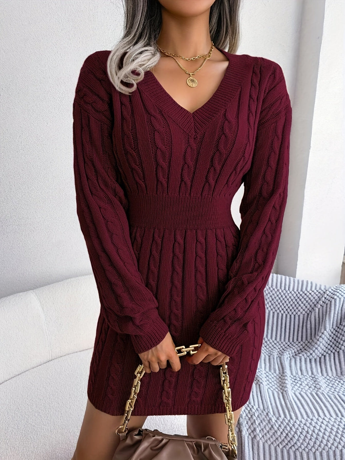 Burgundy peplum cable knit dress - Lana Fiorelli