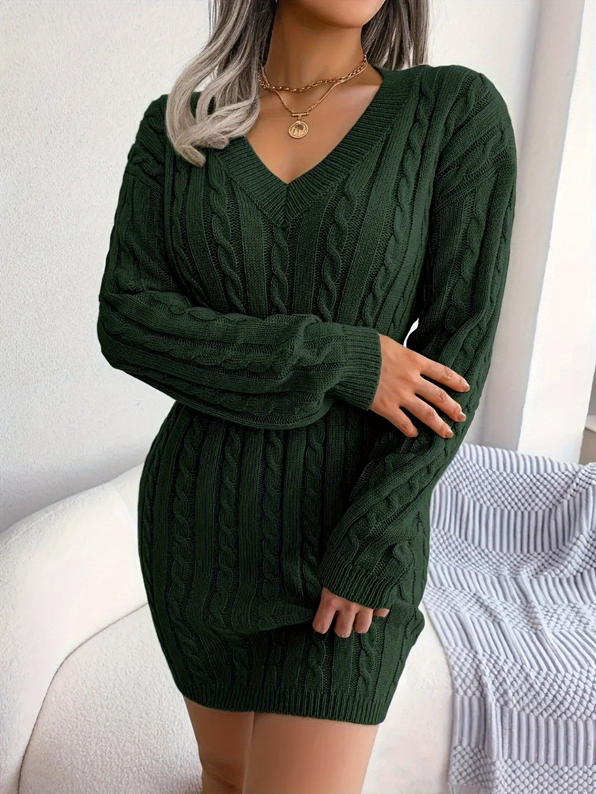 Dark Green peplum cable knit dress - Lana Fiorelli