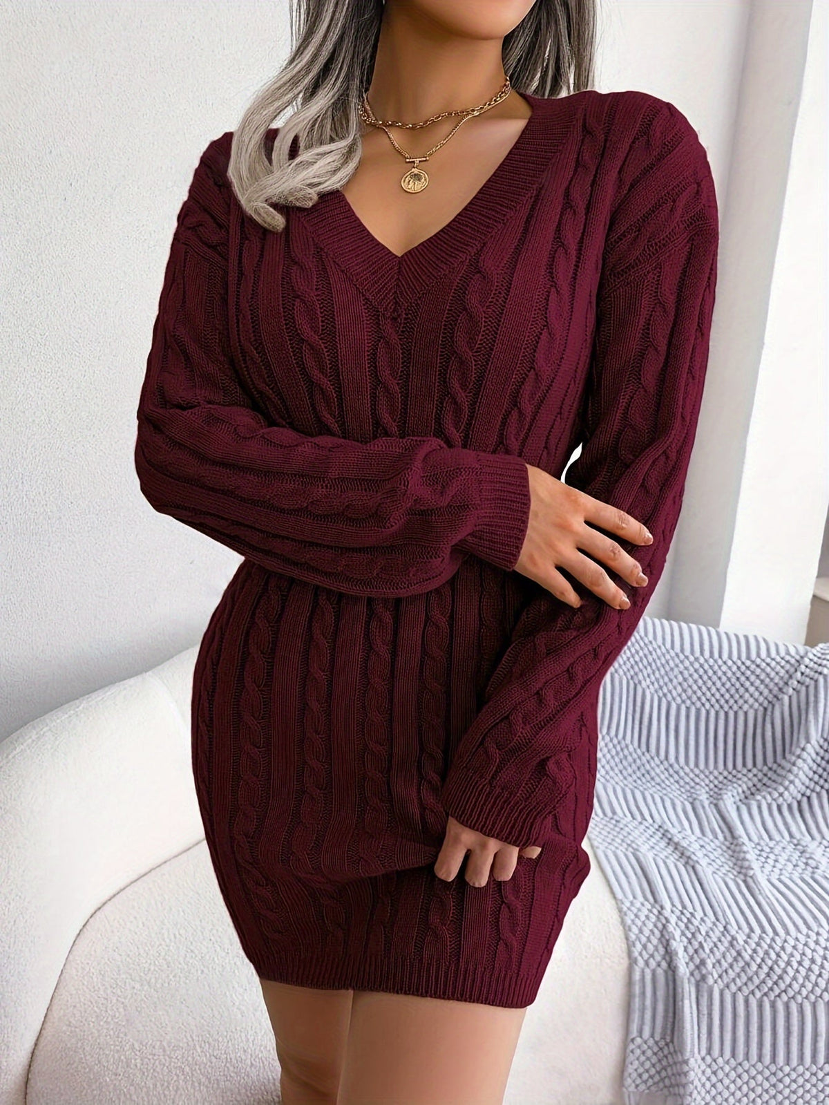 Burgundy peplum cable knit dress - Lana Fiorelli
