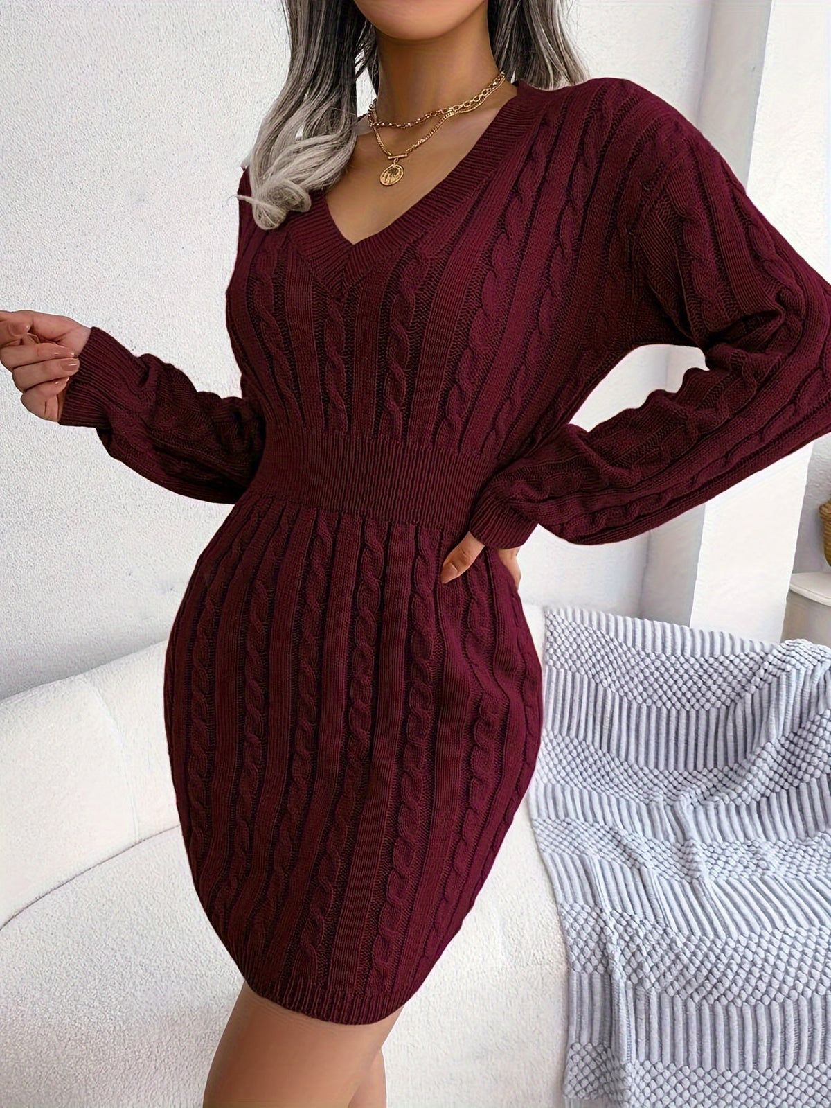 Burgundy peplum cable knit dress - Lana Fiorelli