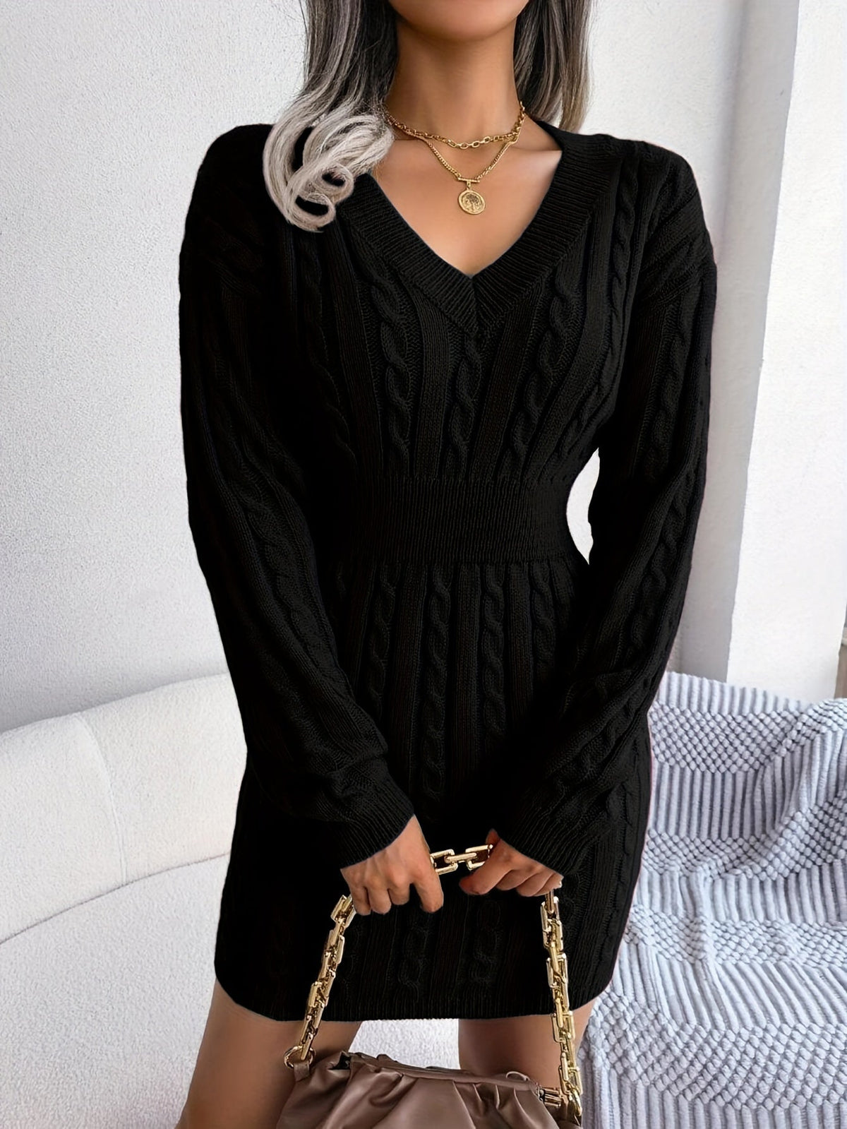 Black peplum cable knit dress - Lana Fiorelli