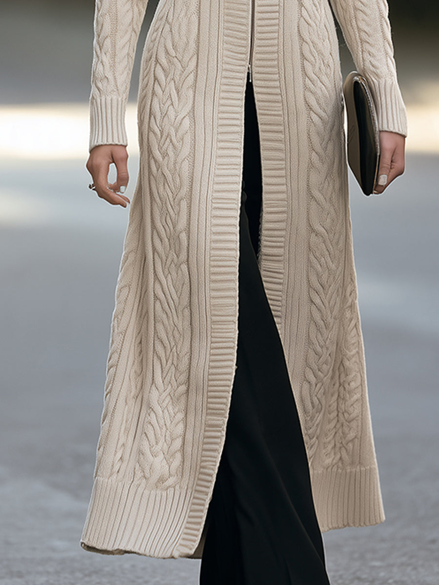 Beige longline cable knit cardigan coat - Lana Fiorelli