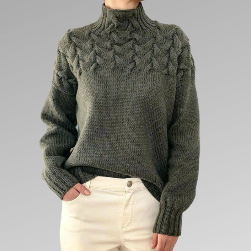 Khaki cable yoke turtleneck sweater - Lana Fiorelli