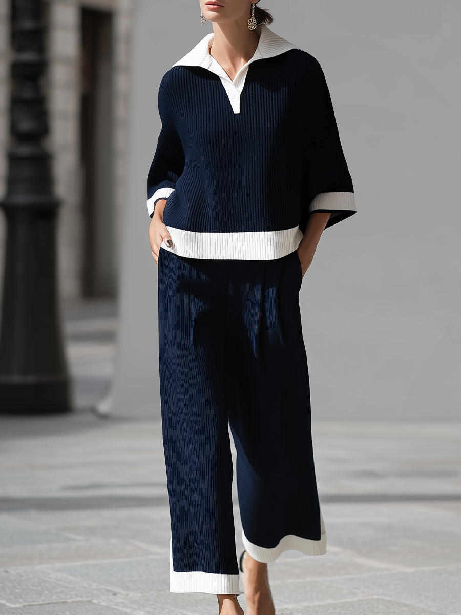 Navy ribbed knit polo and trouser set - Lana Fiorelli