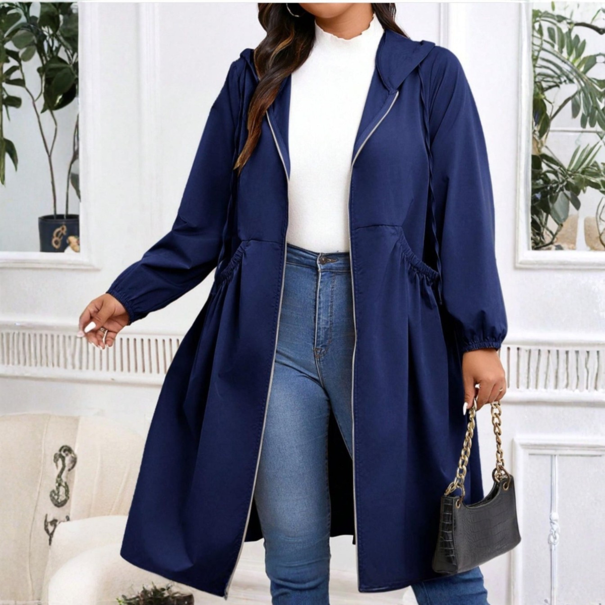Navy hooded drawstring trench coat - Lana Fiorelli