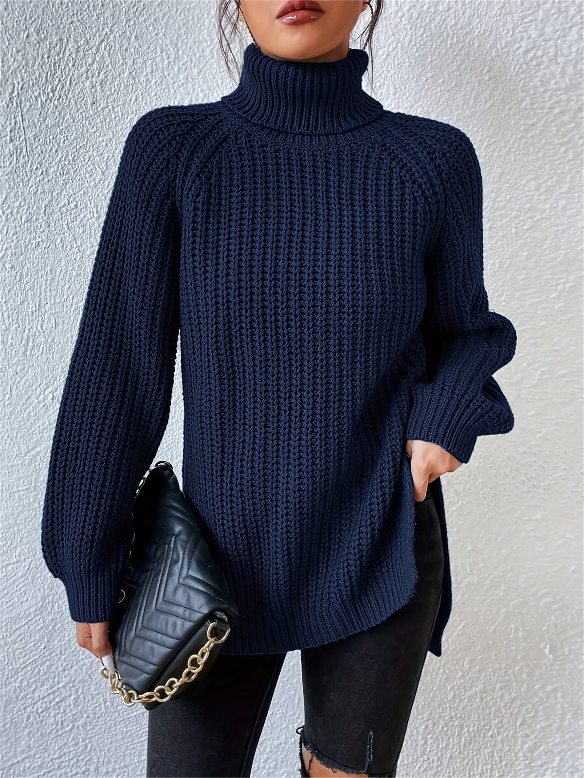 Dark Blue mock neck knit top - Lana Fiorelli