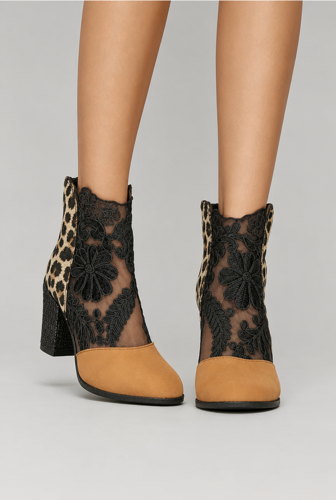 Beige Leopard floral lace ankle boots - Lana Fiorelli