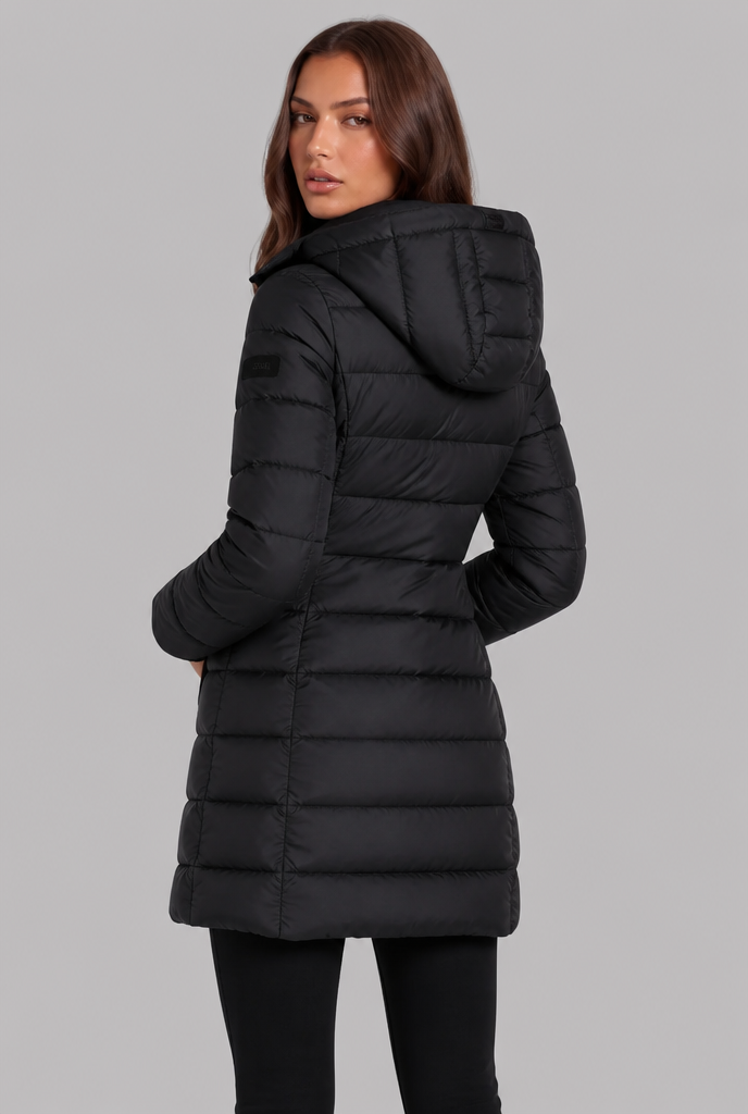 Black puffer coat Back View - Lana Fiorelli