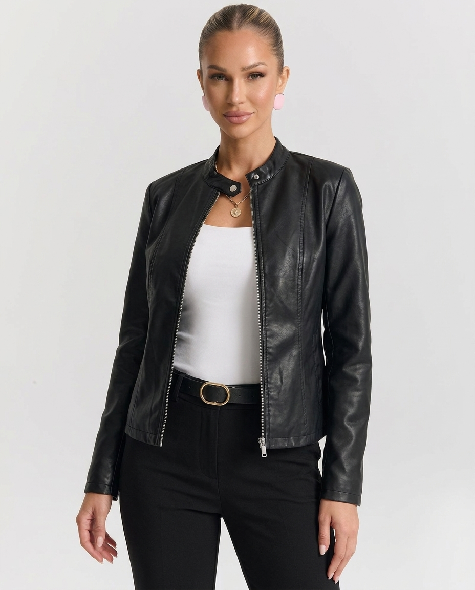 Giacca Biker Donna in Ecopelle con Collo alla Coreana