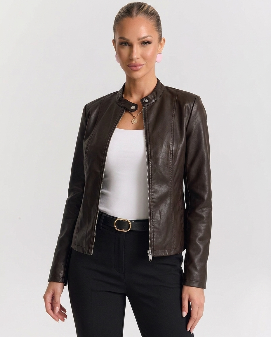 Giacca Biker Donna in Ecopelle con Collo alla Coreana