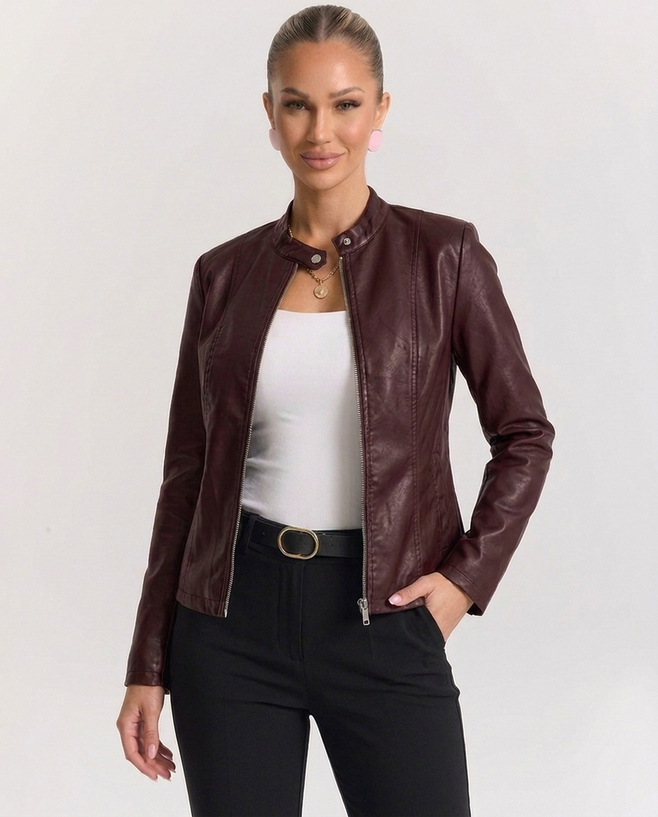Giacca Biker Donna in Ecopelle con Collo alla Coreana