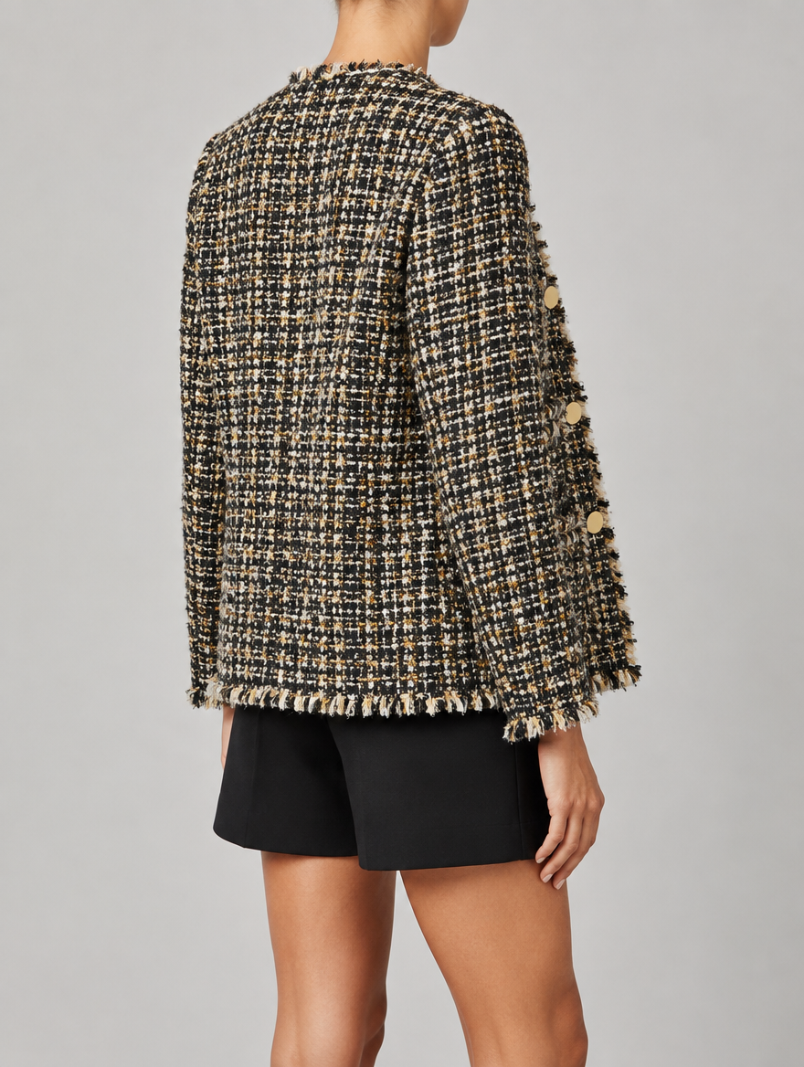 Blazer Donna in Tweed Sfrangiato con Bottoni e Taschino