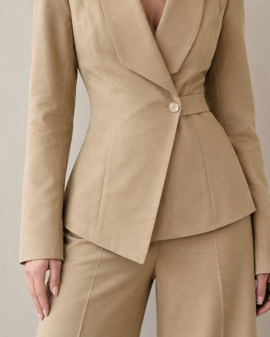 Beige Suit Set - waist and asymmetric hem detail - Lana Fiorelli