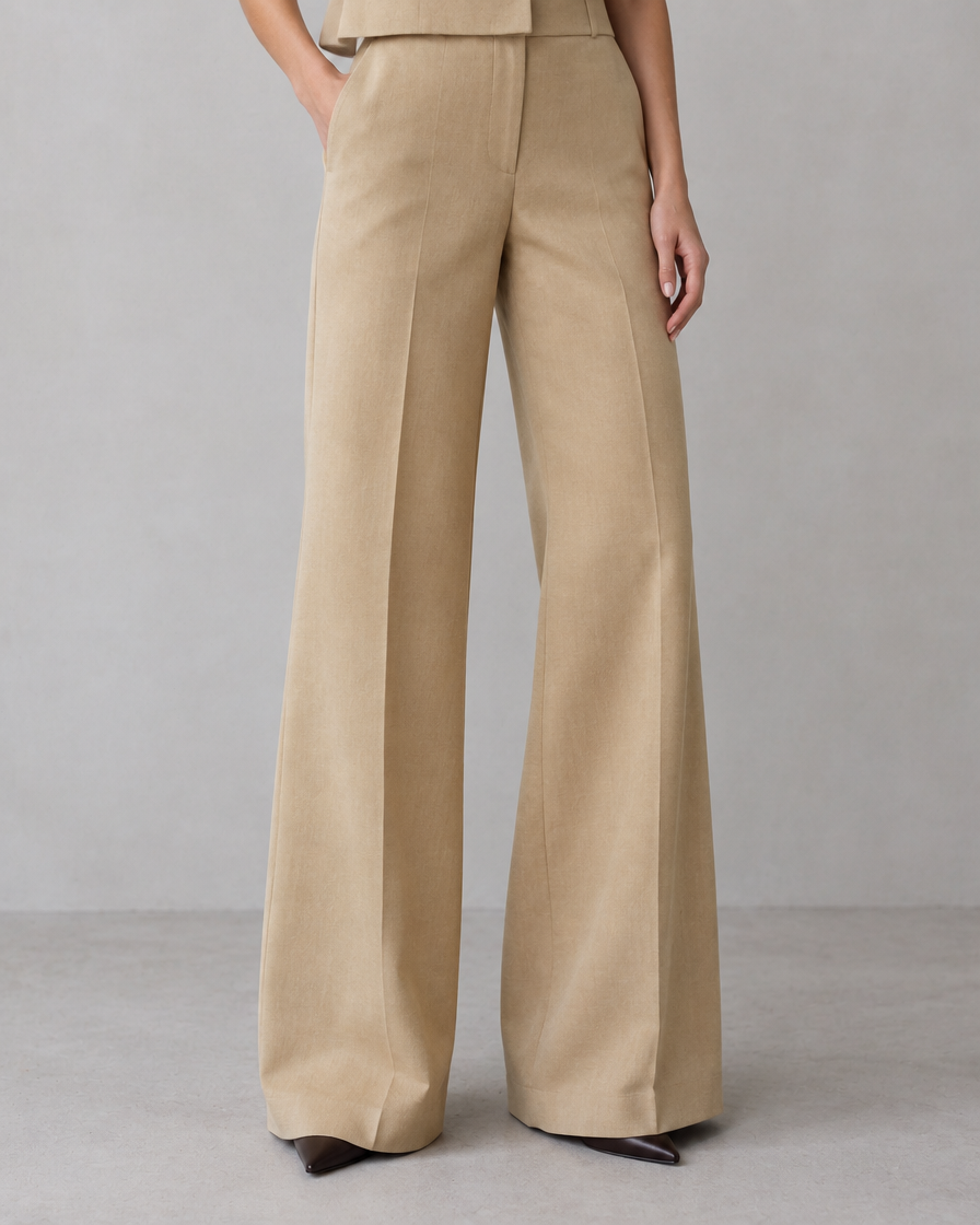 Beige Suit Set - wide leg trouser detail - Lana Fiorelli