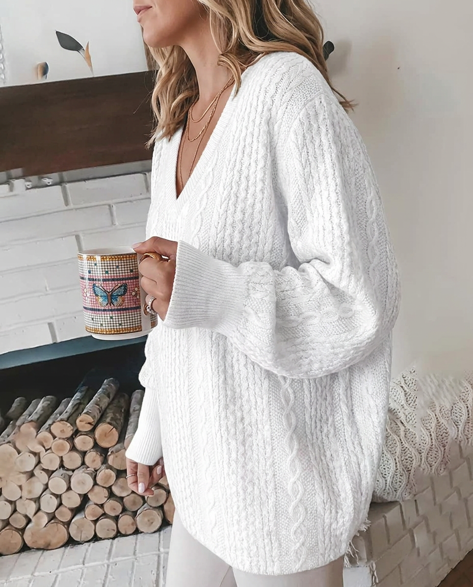 Maglione Donna a Trecce con Scollo a V Profondo e Manica Lunga