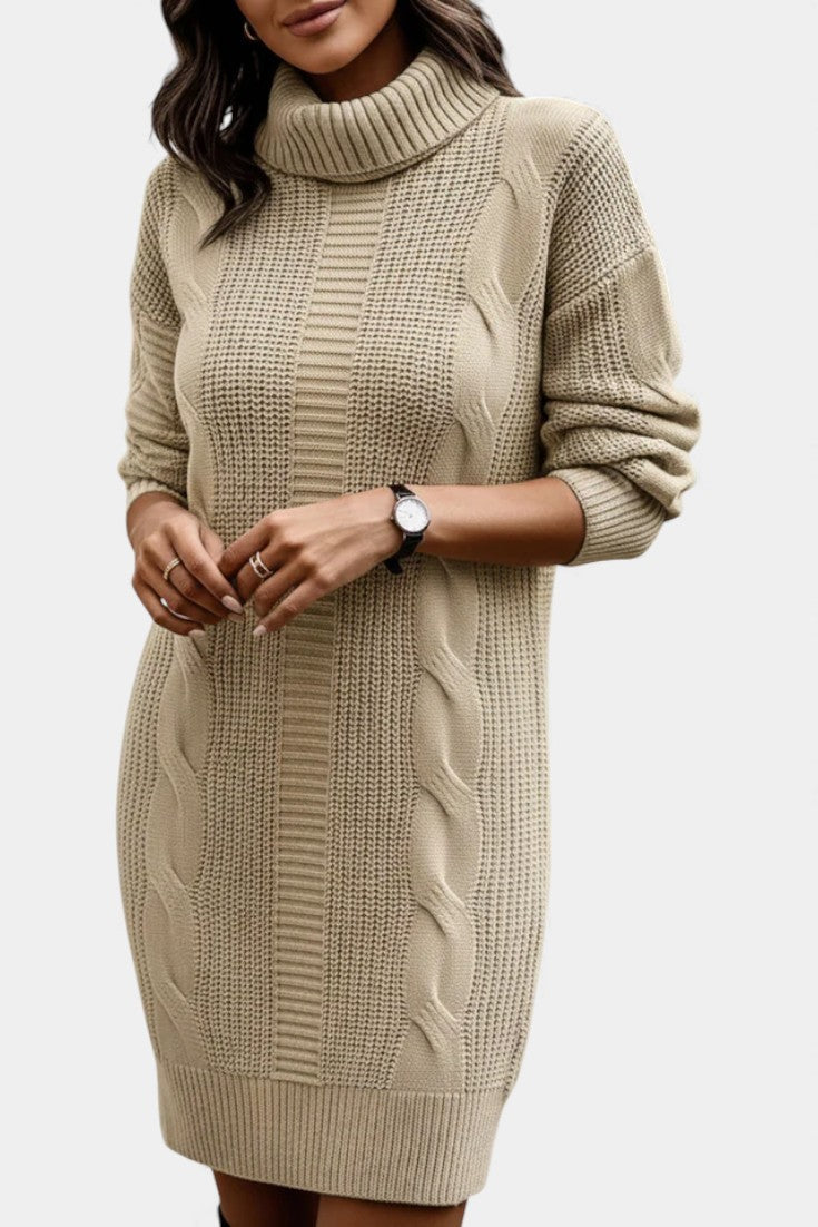Khaki turtleneck cable knit dress - Lana Fiorelli