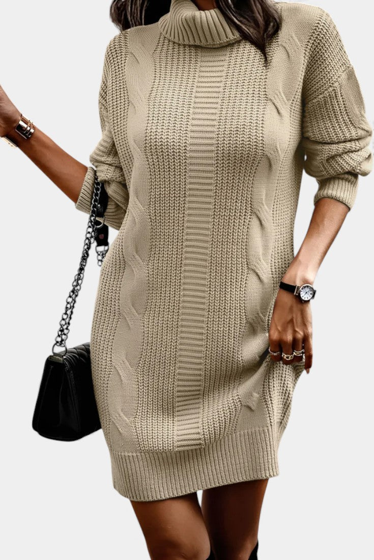 Khaki turtleneck cable knit dress - Lana Fiorelli