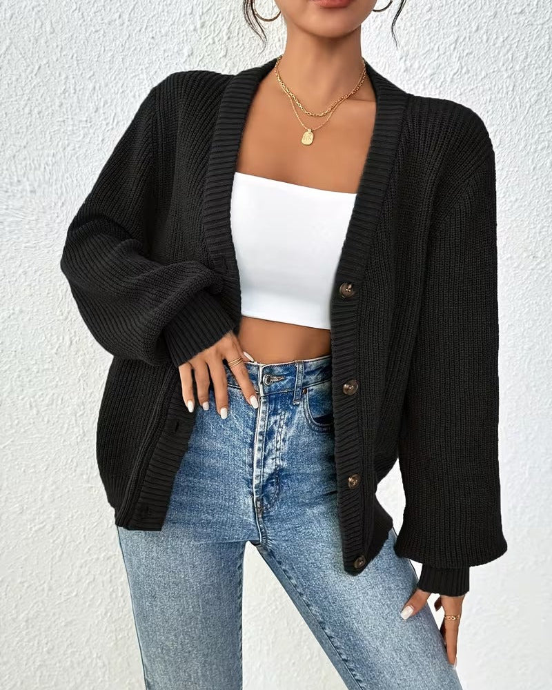 Cardigan Donna Lungo Scollo a V con Bottoni Elasticizzato