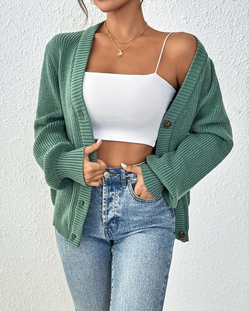 Cardigan Donna Lungo Scollo a V con Bottoni Elasticizzato