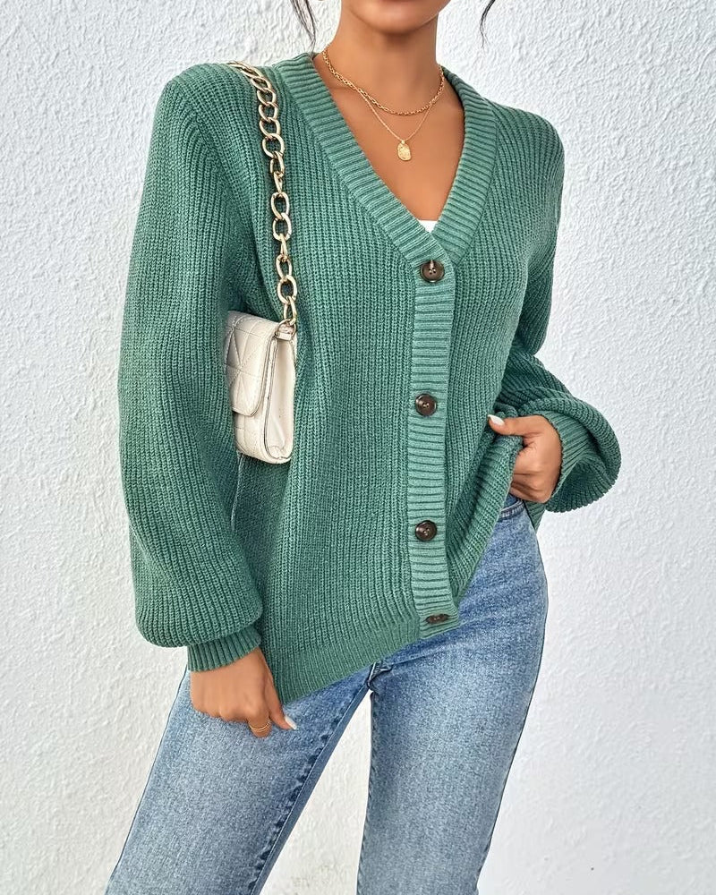 Cardigan Donna Lungo Scollo a V con Bottoni Elasticizzato