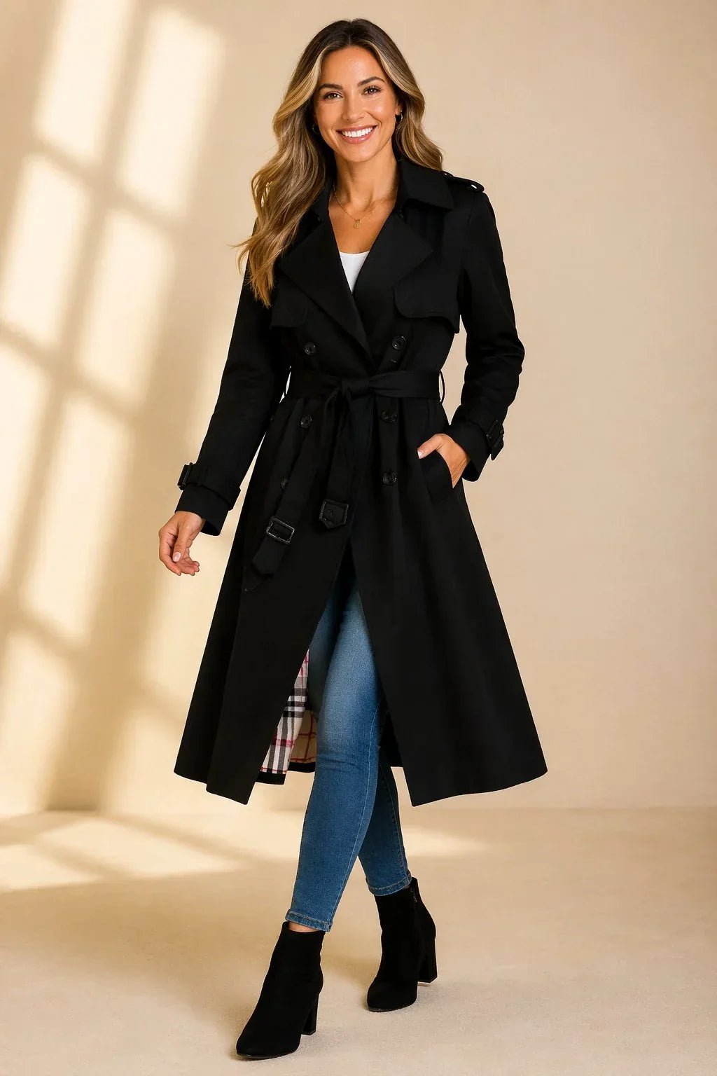 Black long double breasted trench coat - Lana Fiorelli