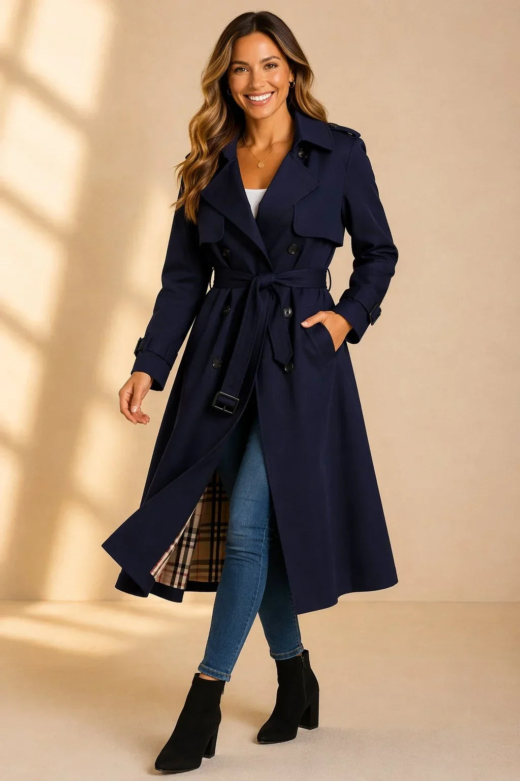 Navy long double breasted trench coat - Lana Fiorelli