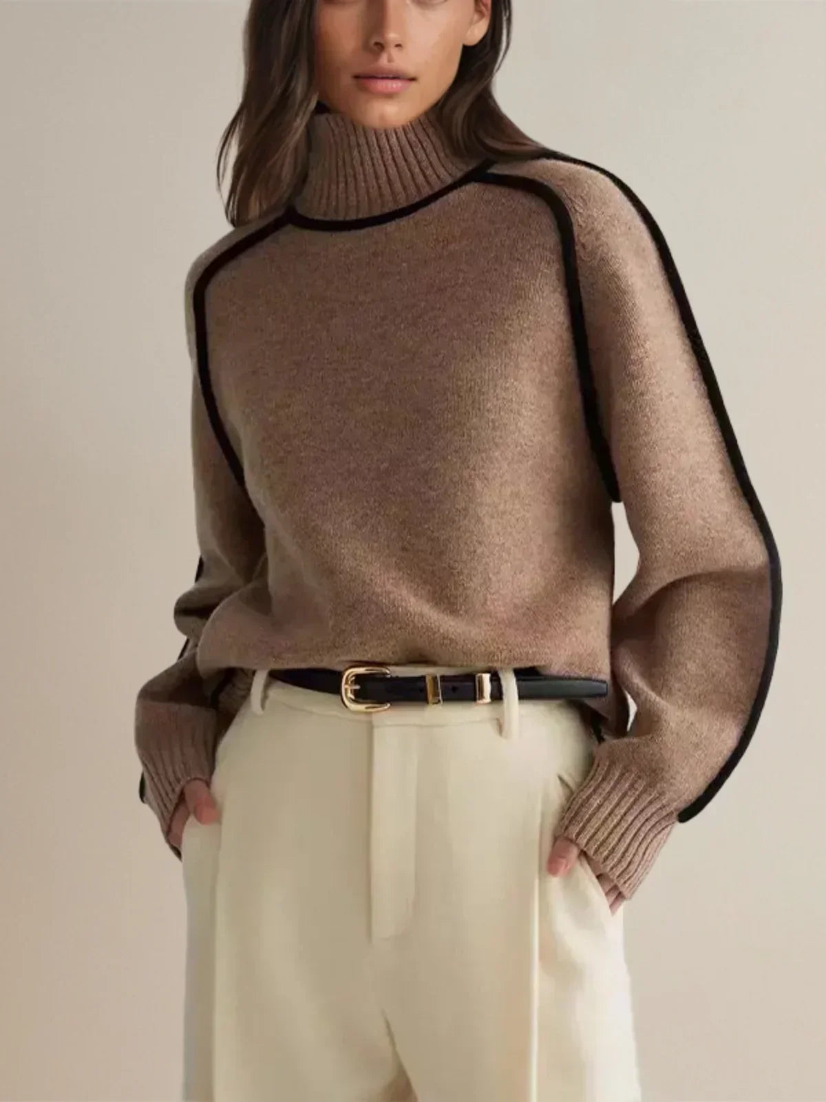 Brown contrast trim turtleneck sweater - Lana Fiorelli