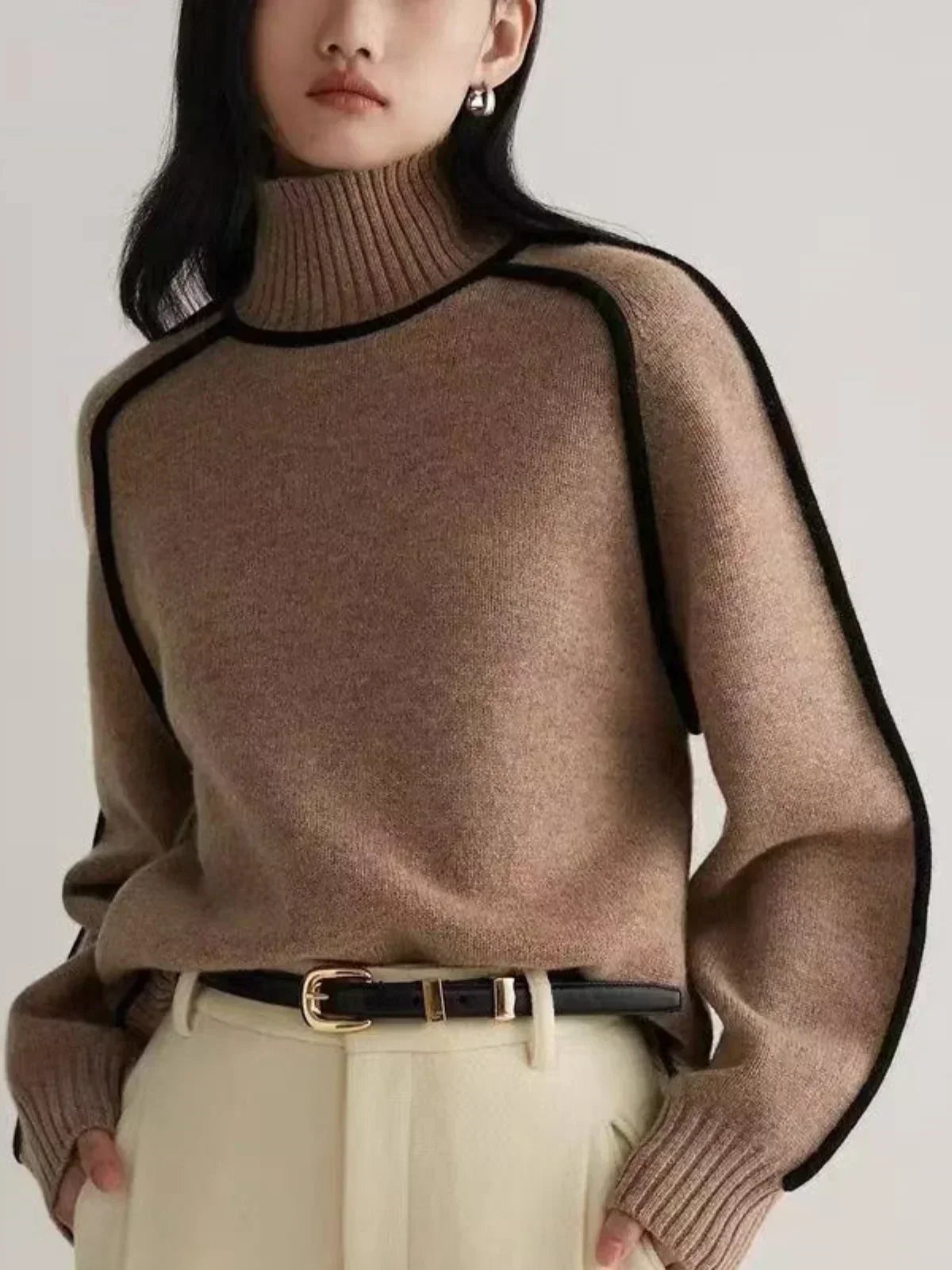 Brown contrast trim turtleneck sweater - Lana Fiorelli