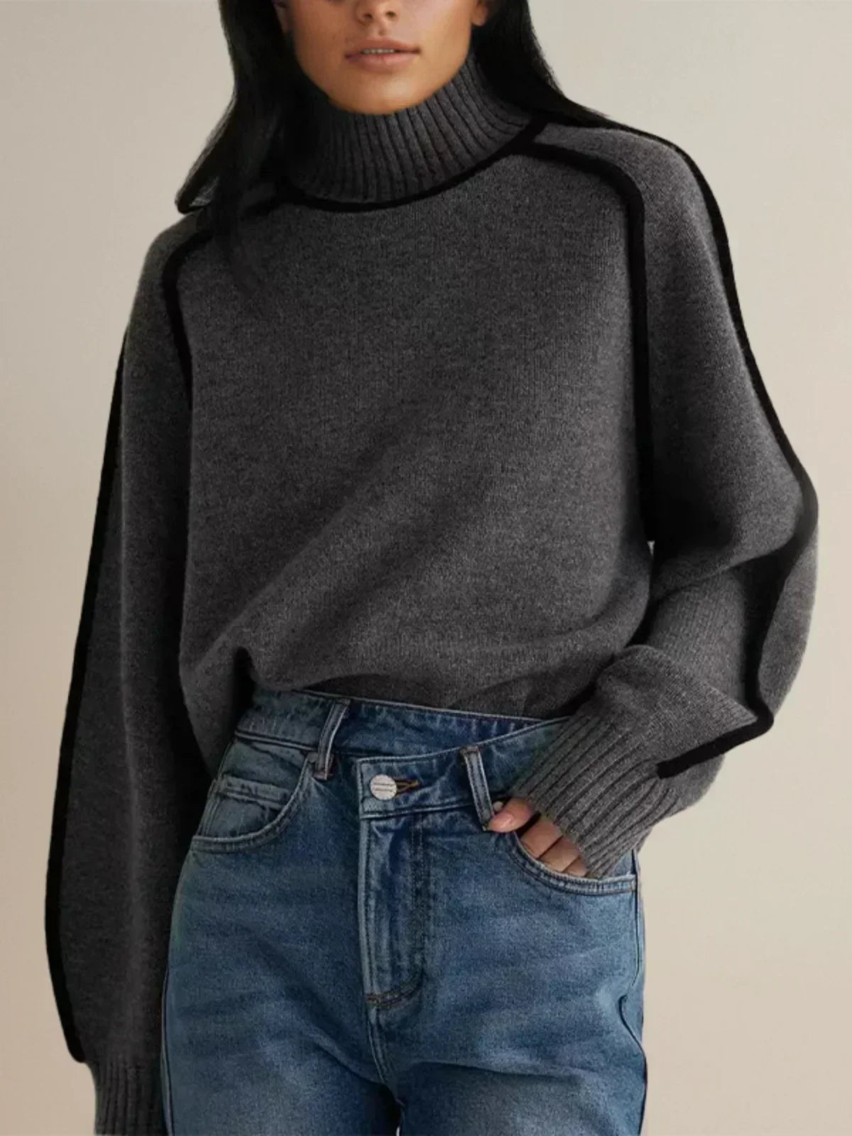 Grey contrast trim turtleneck sweater - Lana Fiorelli