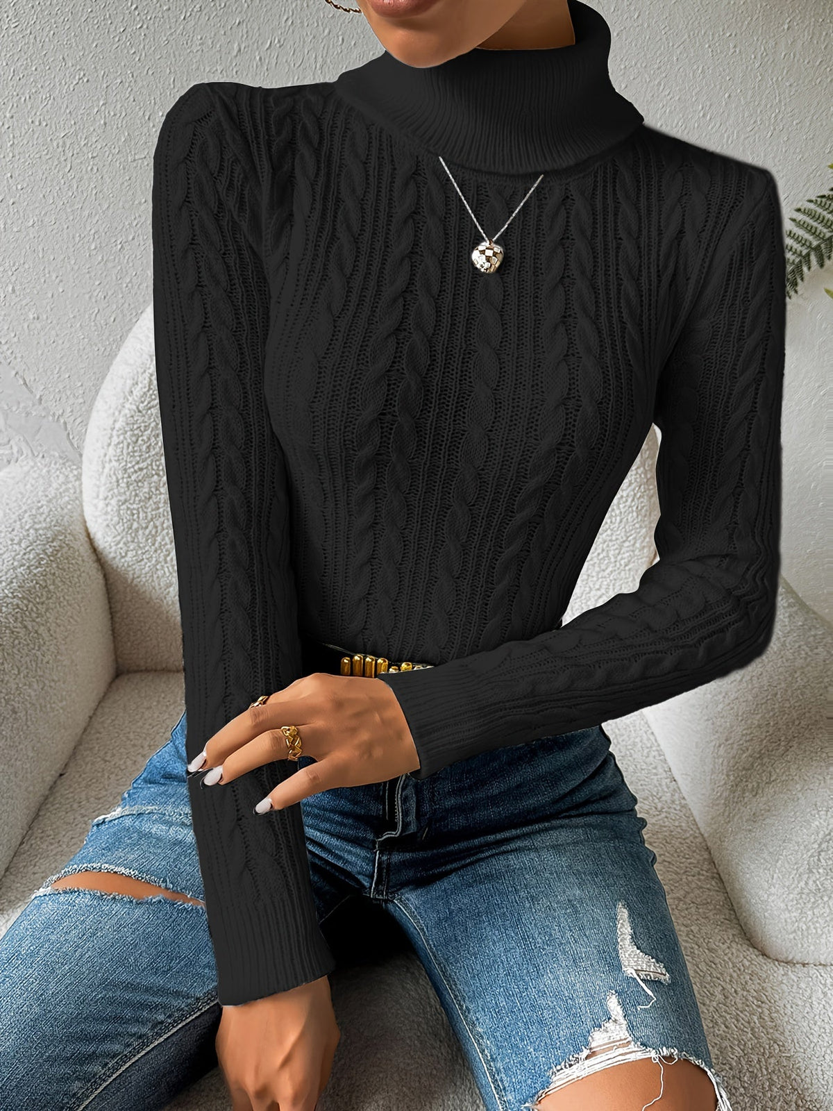 Black cable knit turtleneck jumper - Lana Fiorelli