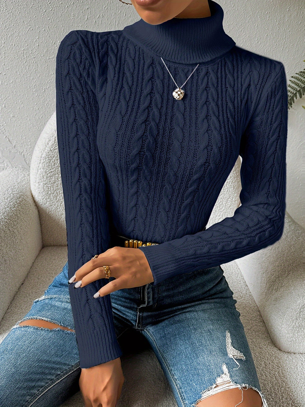Dark Blue cable knit turtleneck jumper - Lana Fiorelli