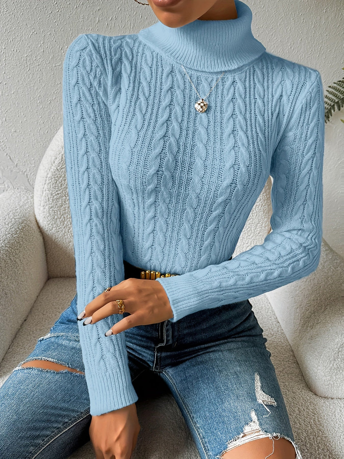 Light Blue cable knit turtleneck jumper - Lana Fiorelli