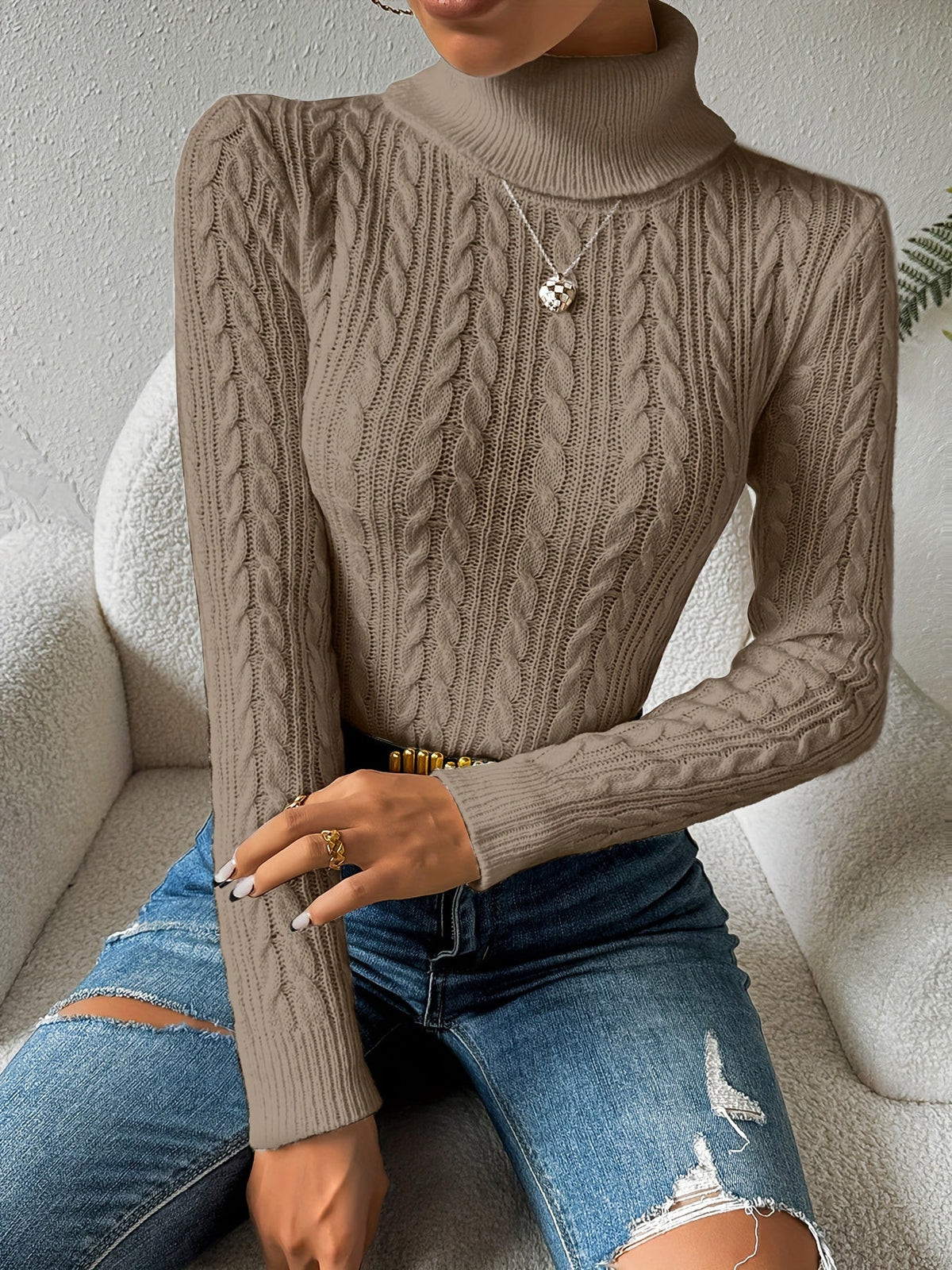 Light Blue cable knit turtleneck jumper - Lana Fiorelli