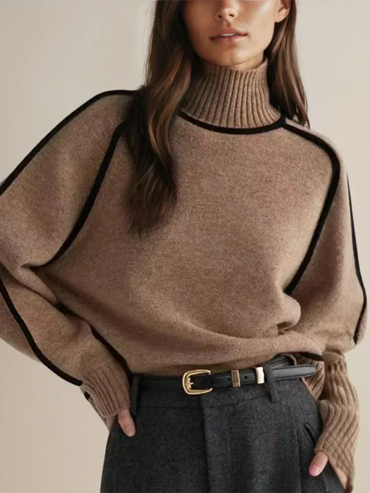 Brown contrast piping turtleneck sweater - Lana Fiorelli
