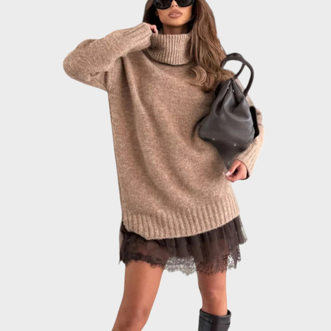 Light Brown turtleneck knit dress - Lana Fiorelli